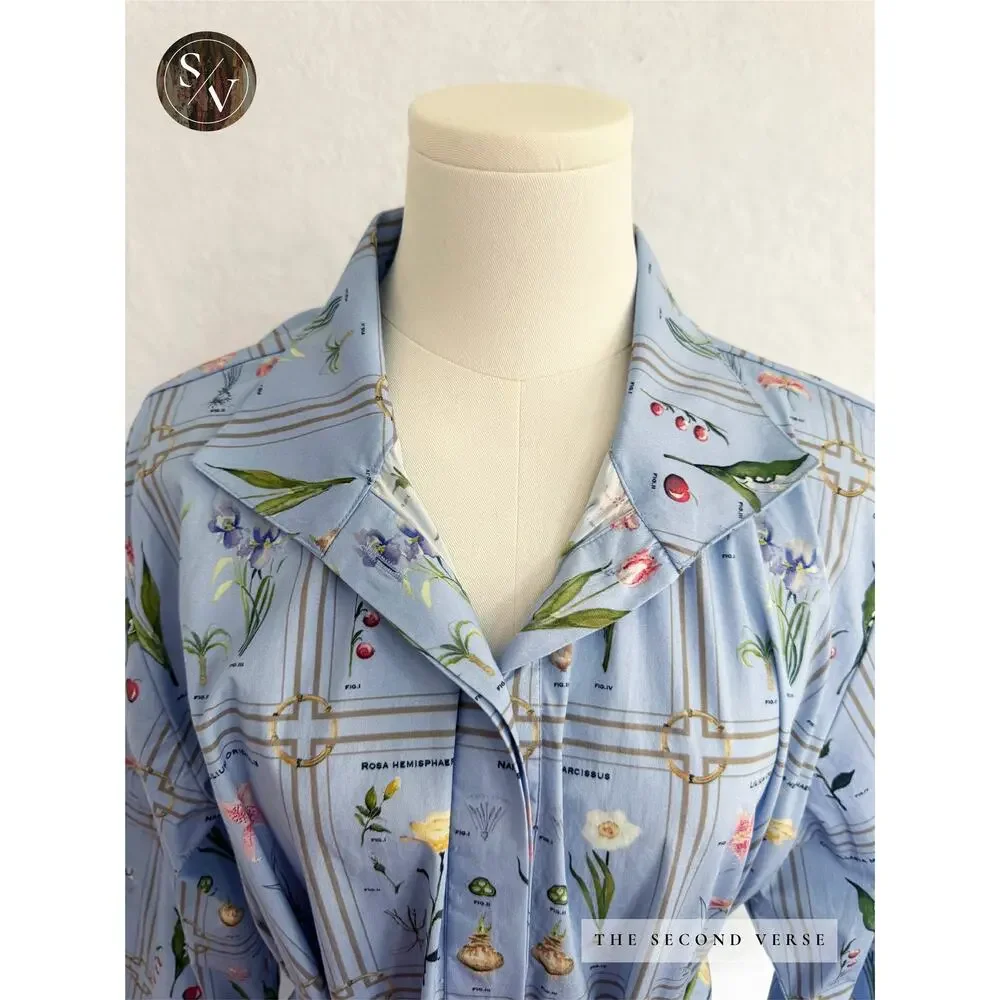 Holly Shae Spring Dress, Botanical Library Tie Waist Blue Midi Size M/L - Picture 3 of 12